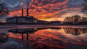 A striking industrial building reflects a vibrant sunset in a serene puddle. photo