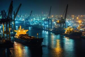 A nighttime view of a busy port with illuminated ships and cranes. photo