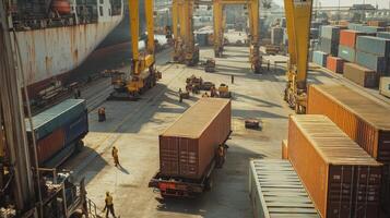 A busy shipping yard with containers and machinery for loading and unloading cargo. photo