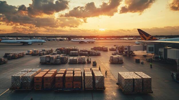 A busy airport scene at sunset with cargo containers and aircraft in the background photo