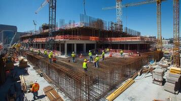 Construction site with workers and cranes, focusing on building development photo