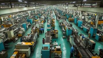 A vast industrial factory floor with numerous workstations and employees engaged in production photo