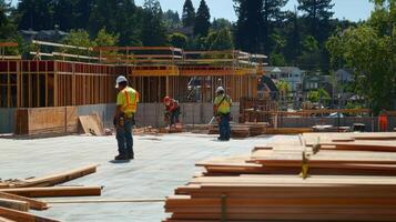 Construction site with workers and materials in progress. photo