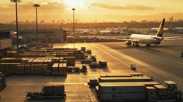 Sunset view of an airport with cargo containers and an aircraft preparing for departure. photo