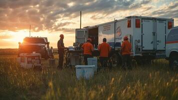 A team works at sunset near a service truck, preparing equipment in a field photo