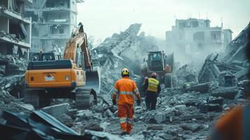 Workers assess a construction site with heavy machinery amidst rubble and debris photo