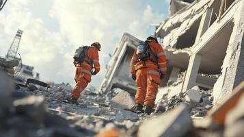 Two rescue workers in orange suits navigate a debris-filled area after a disaster photo