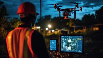 A person operates a drone at dusk, monitoring data on a screen for analysis photo