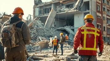 Workers assess a collapsed building site, focusing on recovery efforts photo