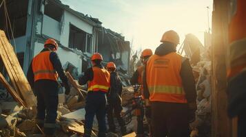 Rescue workers assess a collapsed building during a recovery operation at sunset photo