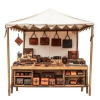 A market stall displaying various leather goods, showcasing craftsmanship and design. photo