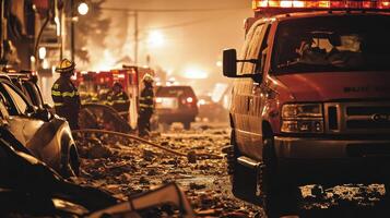 Emergency responders navigate a disaster scene amid debris and smoke photo