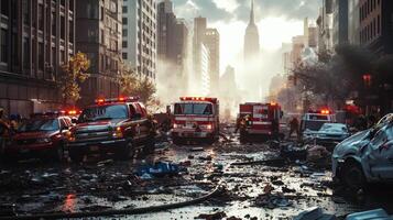 A chaotic urban scene with emergency vehicles amidst debris and smoke. photo