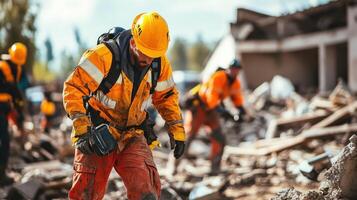 Construction workers in safety gear clearing debris at a demolition site. photo
