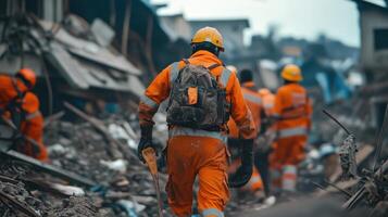 Rescue workers in orange gear navigate debris after a disaster. photo