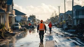 Rescue workers assess damage in a flooded street after a natural disaster photo