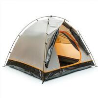 A grey and orange camping tent set up for outdoor use. photo