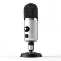 A sleek microphone on a stand, designed for audio recording and broadcasting photo