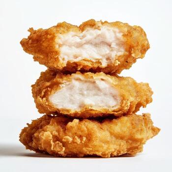 A stack of crispy fried chicken pieces with a visible interior, showcasing texture and color photo