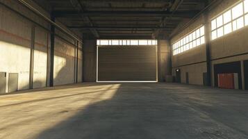 A spacious industrial interior with natural light streaming through large windows photo