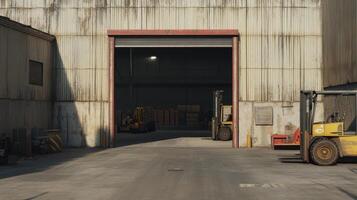 A warehouse entrance with forklifts and storage, indicating an industrial setting. photo