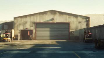 A large industrial warehouse with loading docks and forklifts parked outside photo