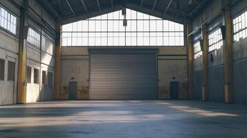 An empty industrial warehouse with large windows and a roll-up door photo