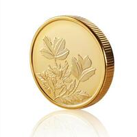 A golden coin featuring embossed floral designs, symbolizing value and artistry photo