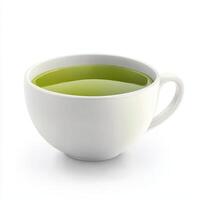 A white cup filled with green tea, showcasing its vibrant color and inviting appearance. photo