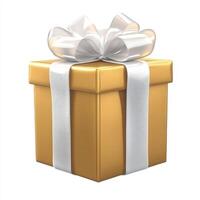 A shiny golden gift box adorned with a white ribbon and bow, symbolizing celebration and giving. photo