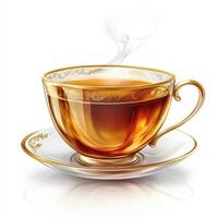 A steaming cup of tea in an ornate golden cup on a delicate saucer. photo