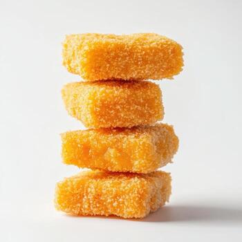 Four stacked golden nuggets with a crispy coating on a plain background. photo