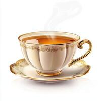 A decorative teacup with steam, holding brewed tea on an elegant saucer photo