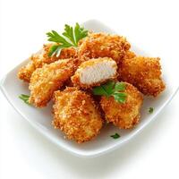 A plate of crispy chicken nuggets garnished with parsley photo