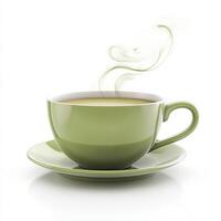 A steaming green cup of tea on a saucer, symbolizing warmth and relaxation. photo