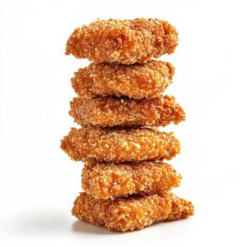A stack of five crispy, golden-brown chicken nuggets on a white background photo