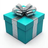 A teal gift box with a silver ribbon and bow, symbolizing celebration and giving. photo