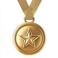 A shiny gold medal featuring a star, suspended from a ribbon, symbolizing achievement and victory. photo