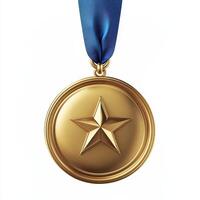 A gold medal with a star, suspended by a blue ribbon, symbolizing achievement and recognition. photo