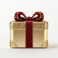 A golden gift box adorned with red ribbon and decorative patterns photo
