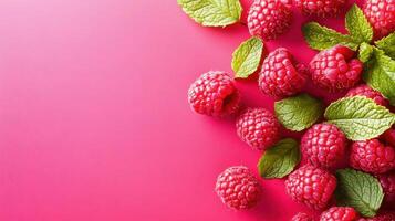 Fresh raspberries and mint leaves arranged on a vibrant pink background. photo