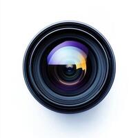 A close-up of a camera lens showcasing its reflective surface and intricate design. photo