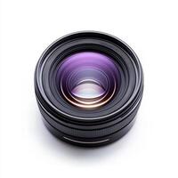 A close-up view of a camera lens showcasing its intricate design and optical elements, photo