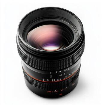 A black camera lens with a reflective glass surface, designed for photography. photo