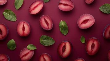 A flat lay of halved plums with mint leaves on a deep red background. photo
