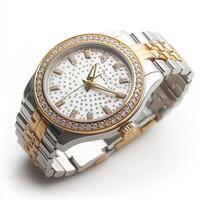 A stylish watch featuring a two-tone metal band and a sparkling diamond-studded face photo