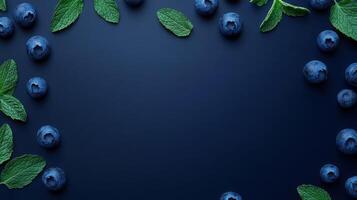A flat lay of blueberries and mint leaves on a dark background, ideal for food-related designs. photo
