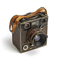 An old-fashioned camera with a leather strap, showcasing vintage photography design. photo