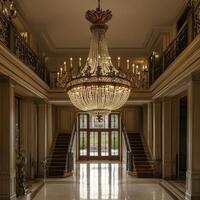 Grand entrance hall featuring a large chandelier and elegant staircase. photo