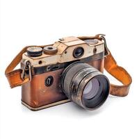 An old-fashioned camera with a leather strap, showcasing vintage design and photography purpose. photo